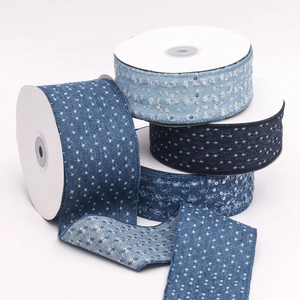 Detail of sequin denim ribbon rolls in blue shades with white dots for DIY crafts