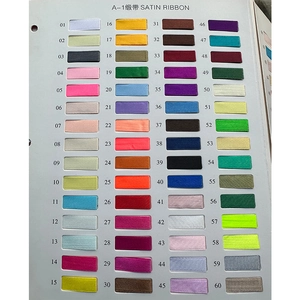 Detailed color chart showing 60 shades of 1cm wide glossy satin polyester ribbon swatches