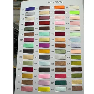 Detailed color chart for satin ribbons showing shades 121 to 180 with glossy silk texture