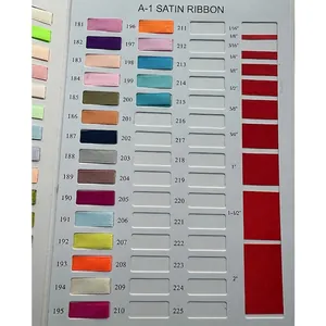 Detailed size chart showing satin ribbon widths from 1/16 to 2 inches with color swatches