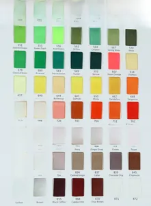 Polyester ribbon color chart showing 49 shades from green to coffee for garment and gift use