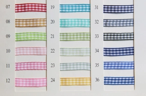 Detailed color chart of 18 colorful plaid gingham ribbons for DIY craft and gift wrapping