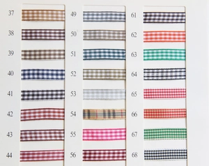 Detailed catalog showing various multi-colored plaid gingham ribbons for DIY crafts