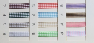 Detailed color chart of 12 gingham ribbon styles for DIY crafts and gift wrapping