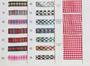 Detailed catalog showing colorful plaid tartan ribbons in 1, 1.5, and 2 inch width options