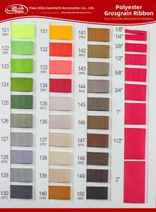 Size chart for high-density polyester grosgrain ribbons showing multiple widths and colors