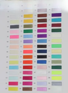 Detailed color chart showing 60 shades of 1.2cm double-sided satin ribbons with numbers