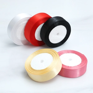 Five rolls of 2cm colorful satin ribbons in white red black gold and pink colors