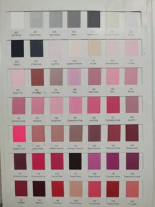 Detailed color chart showing 49 shades of 0.3cm grosgrain ribbons with numbered codes