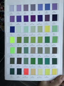 Detailed color chart showing 49 shades of 0.3cm grosgrain ribbons with numbered color codes