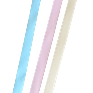 Polyester satin ribbons in sky blue, soft pink, and cream for cake and gift packaging