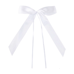 Elegant white satin ribbon bow with long streamers for gift wrapping or DIY crafts