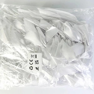 Glossy white satin ribbon bows in bulk plastic packaging with CE and UKCA marks