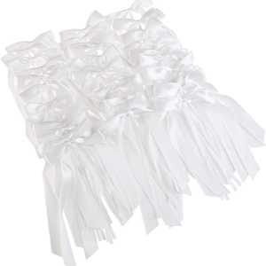 White satin bow decorations with long streamers for weddings and gift wrapping