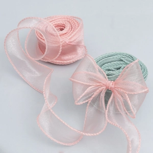 Elegant 4cm wavy edge organza ribbon set in pink and mint green for gift wrapping