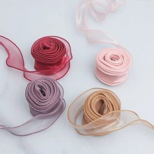 Chiffon organza ribbon rolls in burgundy, lavender, pink and gold with ruffled edges