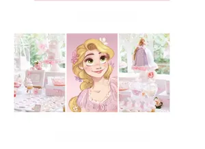 Detail of Rapunzel themed party decorations featuring pink cake stands and dessert setups