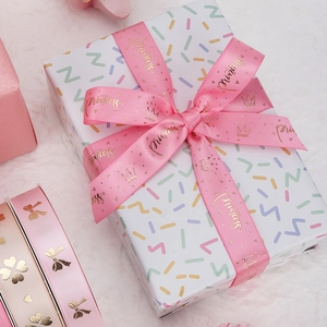 Pink satin ribbon with gold Princess crown print for luxury DIY gift wrapping