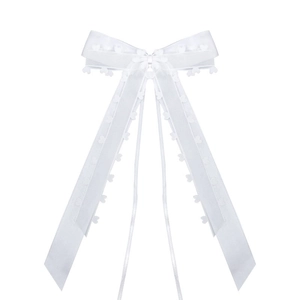 White sheer chiffon hair bow with delicate heart lace edges and long elegant ribbons