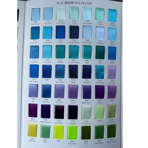 Detailed color chart of polyester ribbon swatches featuring blue and green shade variations