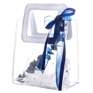 Minimalist transparent PVC gift bag featuring white faux leather handle and blue organza bow