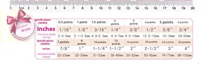 Size chart showing ribbon width conversions from 2mm up to 102mm for organza gift ribbons