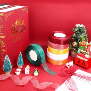 Macro detail of six colorful organza ribbons for gift wrapping and festive decoration