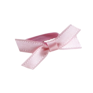 Pink satin ribbon bow hair tie with refined woven edges and elastic rubber band accessory