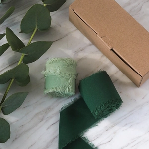 Frayed edge chiffon ribbon set in sage and forest green with kraft paper gift box
