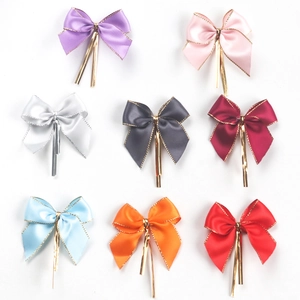 Satin Ribbon Bows With Gold Edge Metallic Twist Ties For Gift Box Packaging DIY Crafts Party Wedding Decor Candy Bag Seals