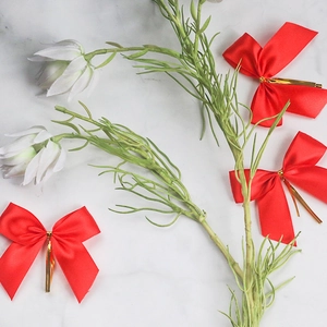 Detail of red satin ribbon bow with gold twist ties on white marble background