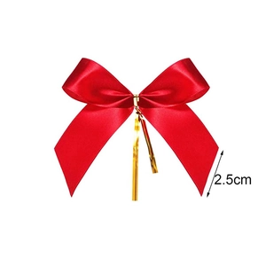 Red satin ribbon bow with gold wire tie for gift box decoration, 2.5cm width small bow