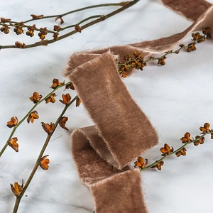 Vintage caramel velvet ribbon with handmade frayed edges for gift wrapping and DIY crafts
