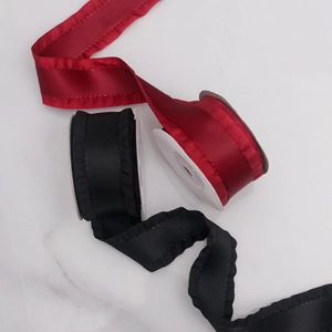 4cm ruffled satin ribbon with pleated edges in red and black colors for gift wrapping