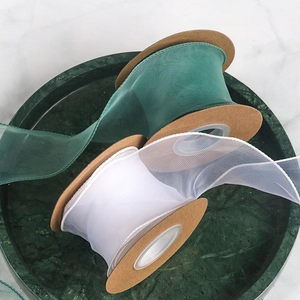 Deep green and white 6cm fishtail gauze ribbon for gift wrapping and DIY bows