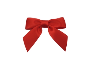 Close-up of red double-layered polyester ribbon bow with fishtail cut for DIY gift boxes