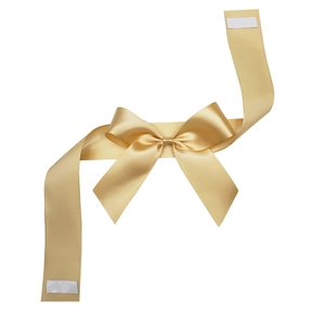 Close-up of golden polyester satin bow with velcro fastener for luxury gift box decoration