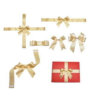 Champagne gold satin ribbon set with pre-made bows for luxury gift box packaging