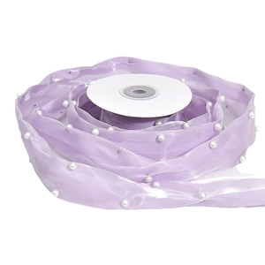 Lavender sheer organza ribbon with white pearls on a spool for floral DIY crafts