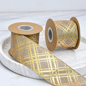 Two rolls of 6.5cm faux linen ribbons with gold geometric patterns for gift wrapping