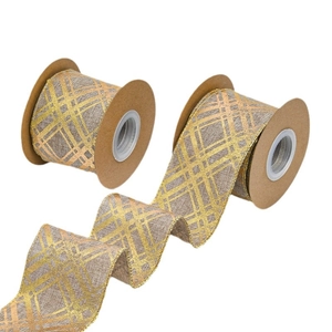 6.5cm faux linen gold edge ribbon with brown checkered pattern for gift box decoration