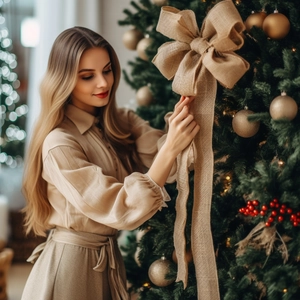 Close-up of a large natural burlap bow ornament on a Christmas tree for festive decor