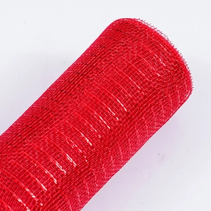 Close-up of red poly deco mesh with shiny metallic stripes for Christmas decor