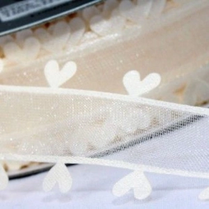 Vue macro du ruban dentelle blanc à cœurs semi-transparent pour bricolage et emballage cadeau