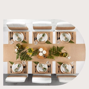 Natural jute table runner set with placemats and chair sashes for rustic dining decor