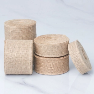 Natural jute ribbon rolls with stitched edges for DIY crafts and wedding table decoration
