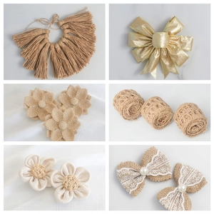 Macro view of rustic burlap bows and handmade jute flowers with pearls for DIY Christmas decor
