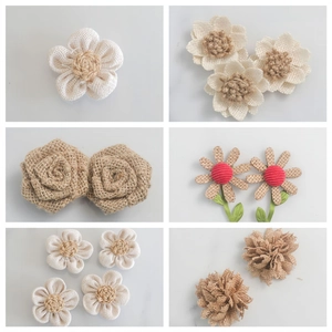 Detailed view of six different styles of handcrafted jute flowers for Christmas decoration