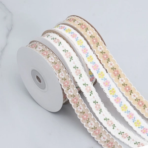 Floral embroidery ribbons with scalloped edges for DIY hairbows and sewing crafts