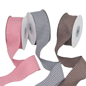 Three rolls of 4cm wide houndstooth ribbon in red, black, and brown for DIY crafts